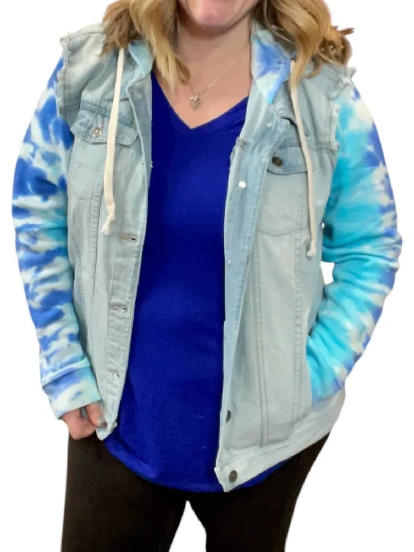 Denim patchesDenim Jacket With Tie Dye Accents Hoodie In Blue