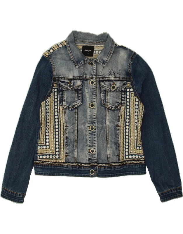 Denim with bootsDESIGUAL Womens Graphic Denim Jacket EU 46 XL Navy Blue Colourblock Cotton