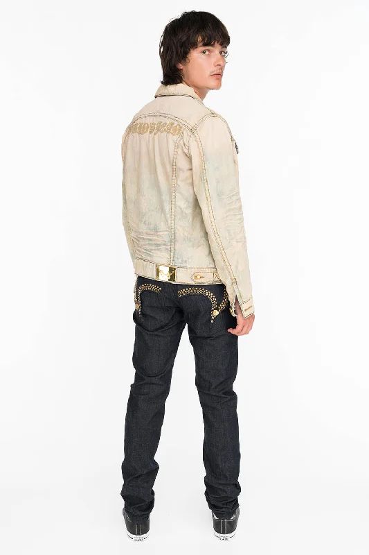 Cowboy scarfMENS RAW DENIM SLIM FIT KILLER FLAP JEANS WITH GOLD O.E. SCRIPT AND CRYSTALS