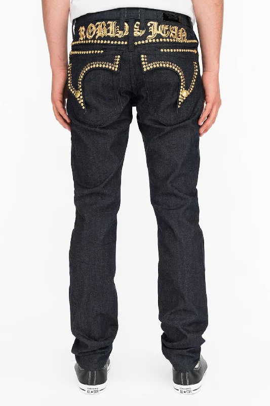 Cowboy bagMENS RAW DENIM SLIM FIT KILLER FLAP JEANS WITH O.E. SCRIPT STUDS AND CRYSTALS