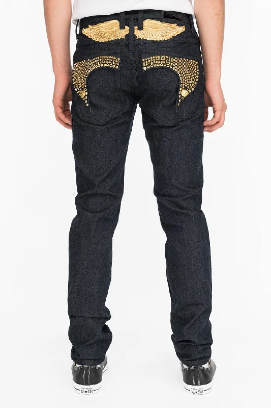 Cowboy musicMENS RAW DENIM SLIM FIT KILLER FLAP JEANS WITH GOLD WINGS AND CRYSTALS