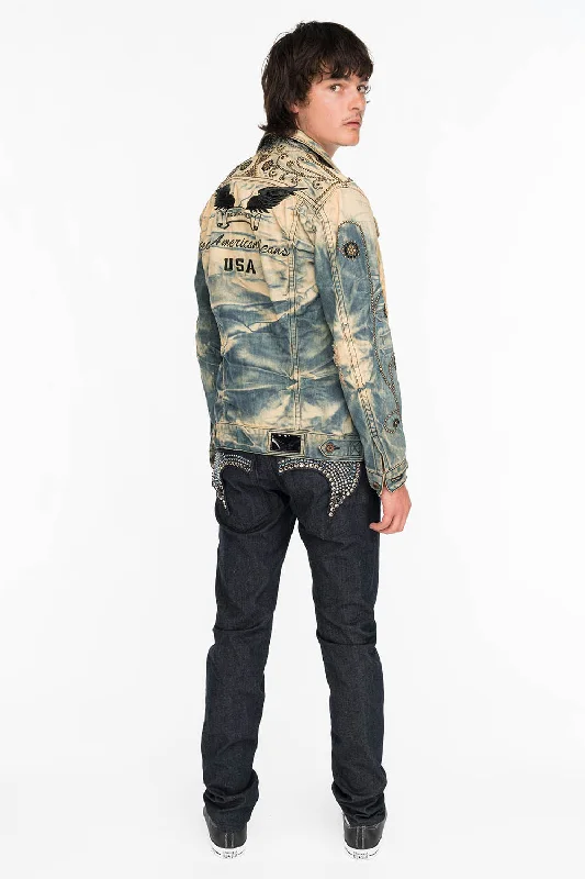 7 For All MankindMENS RAW DENIM SLIM FIT KILLER FLAP JEANS WITH TWO TONE EMBROIDERED WINGS AND CRYSTALS