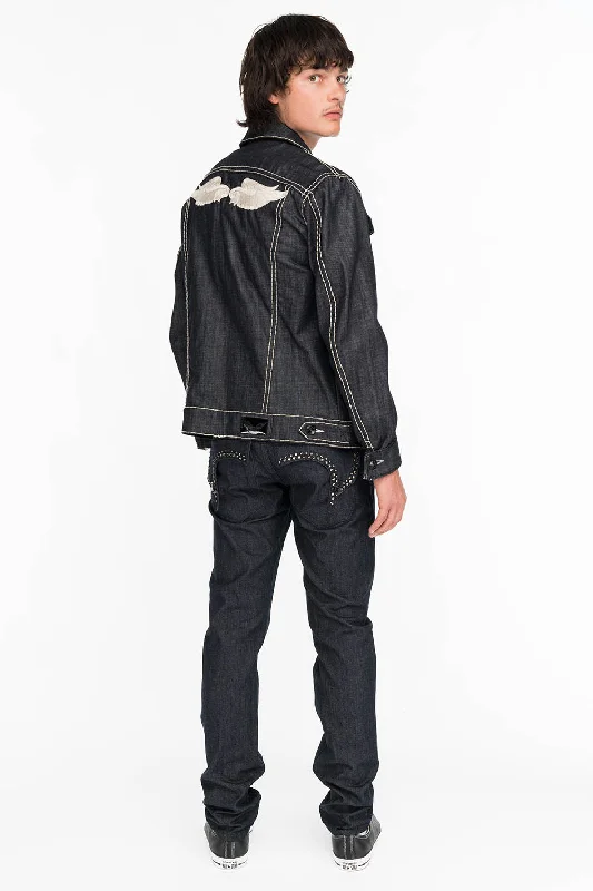 True ReligionMENS RAW DENIM SLIM FIT KILLER FLAP JEANS WITH O.E. BLACK SCRIPT EMBROIDERY AND CRYSTALS