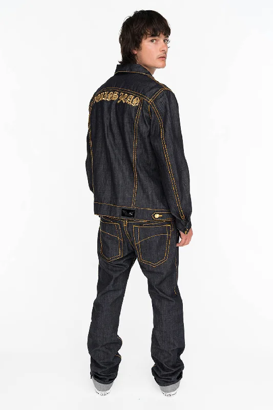 WranglerMENS RAW DENIM SLIM FIT CLASSIC JEANS WITH ORANGE HEAVY STITCHING AND EMBROIDERED WINGS