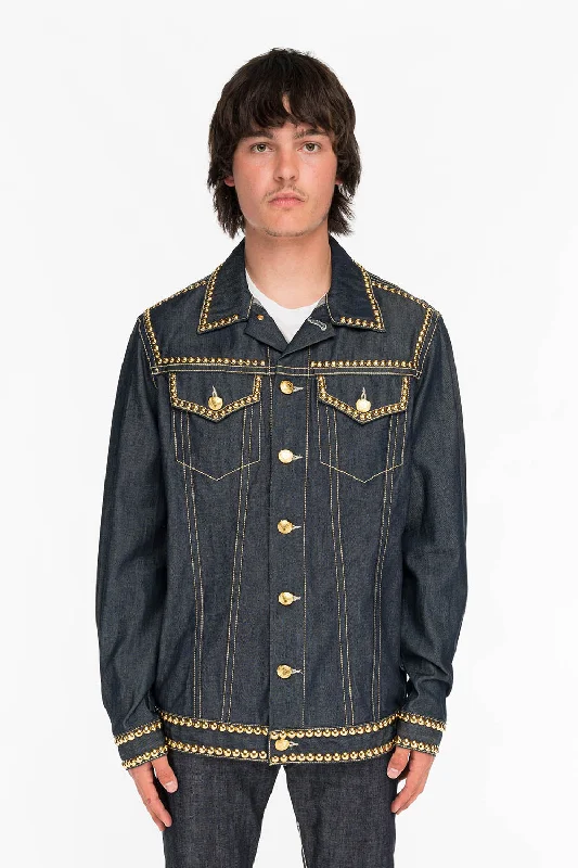 Denim with bootsMENS DENIM JACKET IN RAW DENIM WITH HEAVY ORANGE STITCHING EMBROIDERY AND CRYSTALS