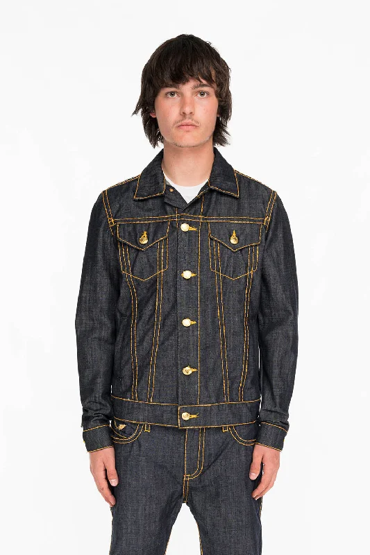 Denim with sweaterMENS DENIM JACKET IN RAW DENIM WITH HEAVY ORANGE STITCHING AND EMBROIDERED O.E. SCRIPT