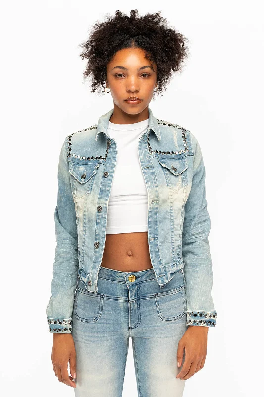 H&MROBIN'S JEAN DENIM JACKET IN 5D LIGHT BROKEN WASH WITH NICKEL STUDS AND CRYSTALS