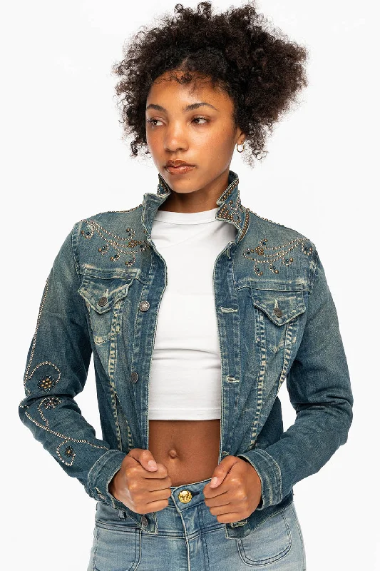 WranglerDENIM JACKET IN DIONE WASH FORGET ME NOT FLOWER CRYSTAL DESIGN