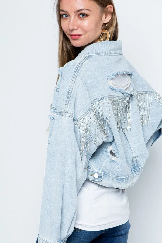 Modern denimRhinestone Fringe Distressed Denim Jacket