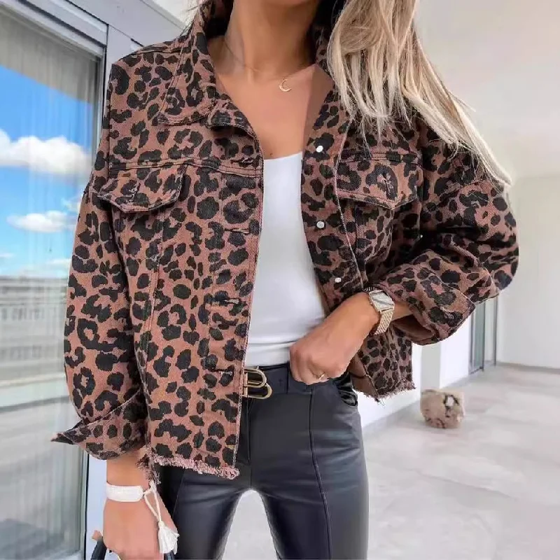 Workwear denimWomen's Leopard Print Jacket With Pocket Y2K Fashion Lapel Single-breasted Denim Overcoat Women's Clothing