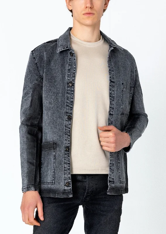 Business denimPatch Pocket Fitted Waxed Denim Jacket - Grey