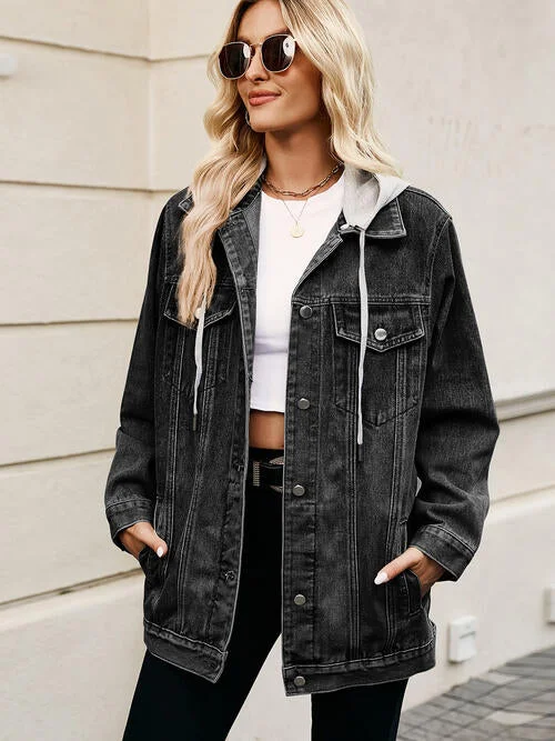 Western denimDrawstring Button Up Hooded Denim Jacket