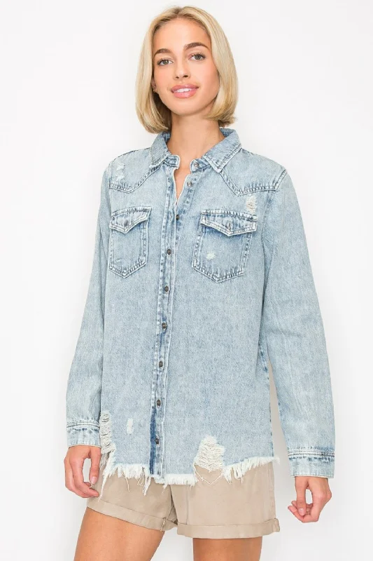 Denim tightRISEN Button Up Distressed Denim Shirt