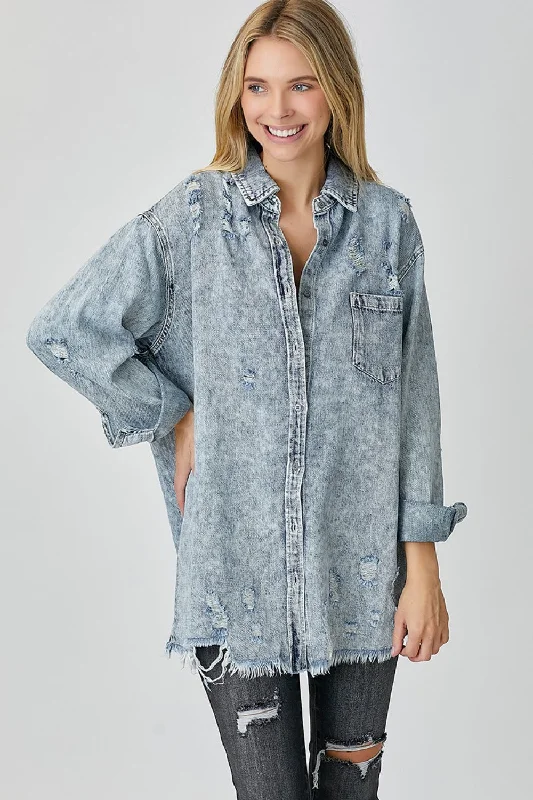 Modern denimRISEN Distressed Raw Hem Denim Shirt