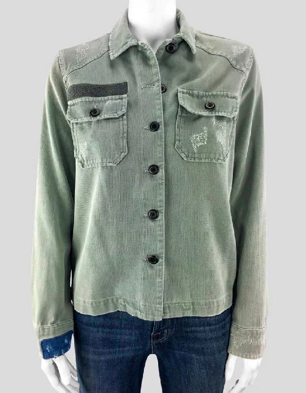 Denim with shirtAll Saints Army Green Distressed Shirt Denim Jacket Women - 2 US