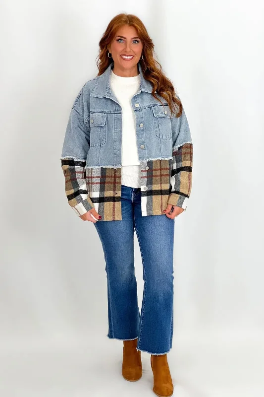 Denim with hatDenim Color Block Plaid Denim Jacket