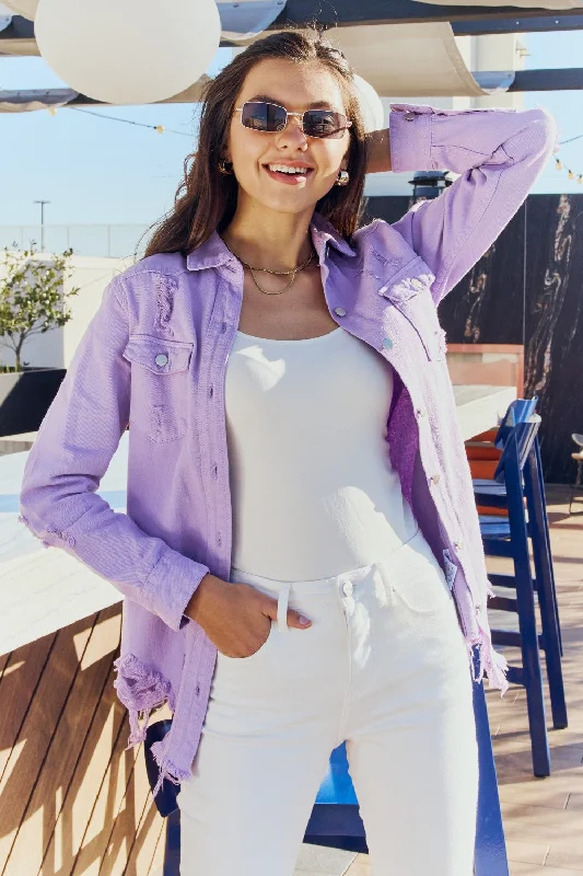 Bohemian denimAmerican Bazi Full Size Distressed Button Down Denim Jacket in Lavender