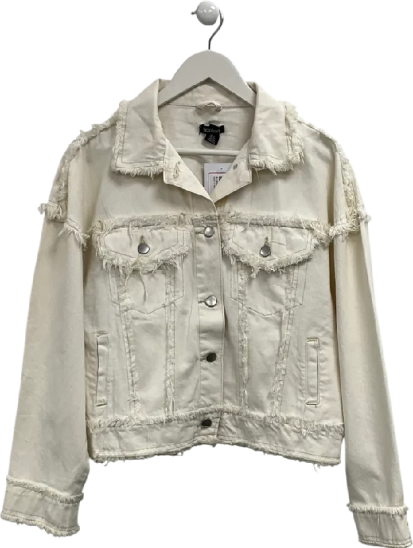 Denim with sneakersboohoo Cream Frayed Hem Denim Jacket UK 8