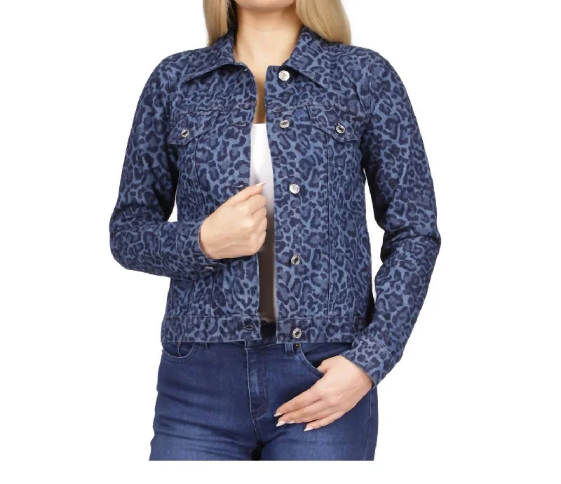 Denim with beltButton Up Spread Collar Animal Print Denim Jacket In Dusk Blue Wash