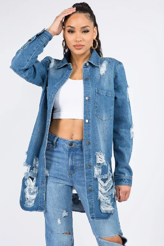 Denim shortsDistressed Button Down Denim Shirt Jacket