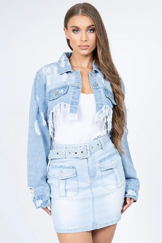 Denim backlessDistressed Denim Jacket with Frayed Hem