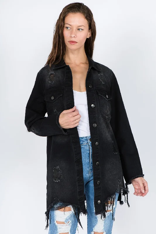 Denim high waistDistressed Frayed Hem Denim Jacket