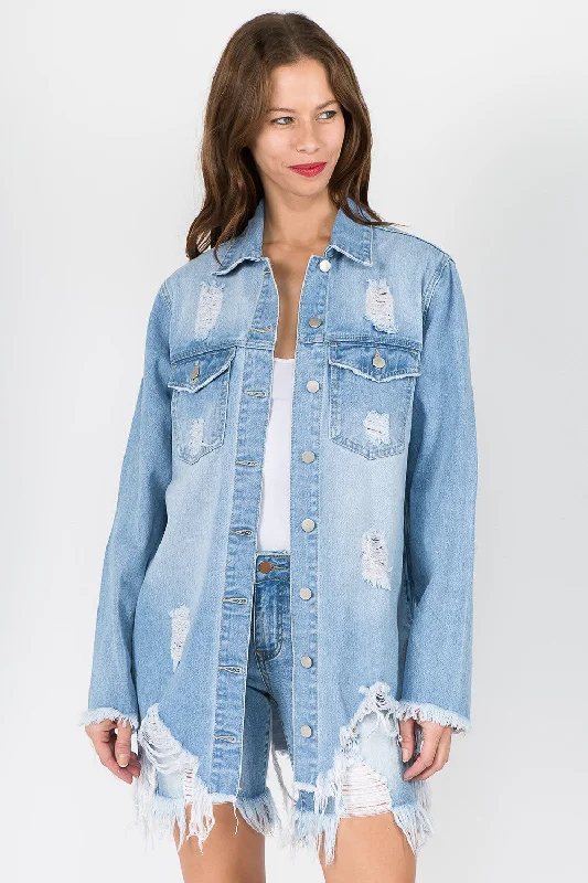 Denim looseDistressed Frayed Hem Denim Jacket