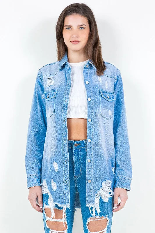 Denim jacketFrayed Hem Distressed Denim Shirt Jacket