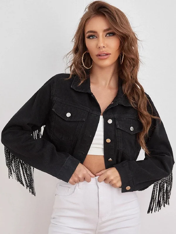 Western denimFringe Detail Collared Neck Cropped Denim Jacket