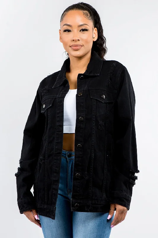 Denim tube topFull Size Button Up Distressed Denim Jacket