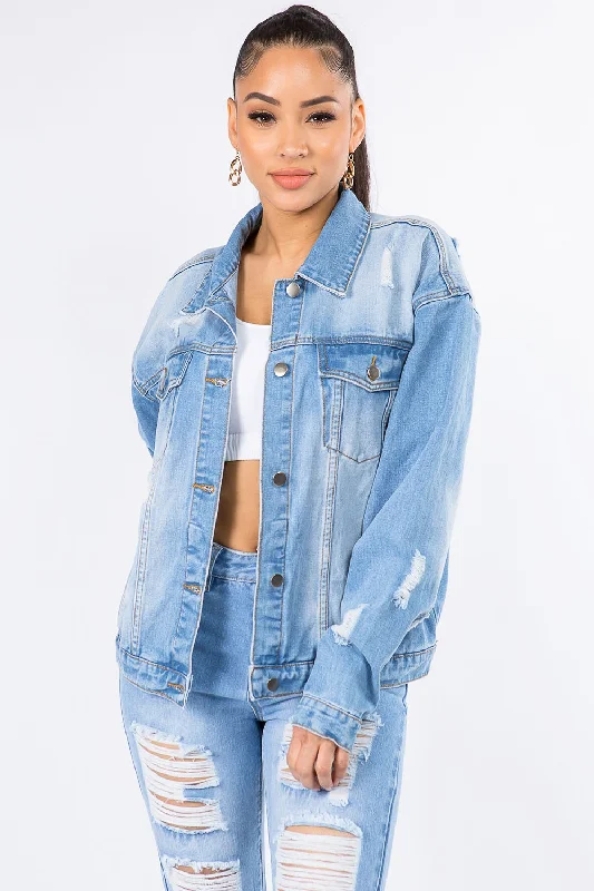 Denim suspendersGraphic Distressed Long Sleeve Denim Jacket