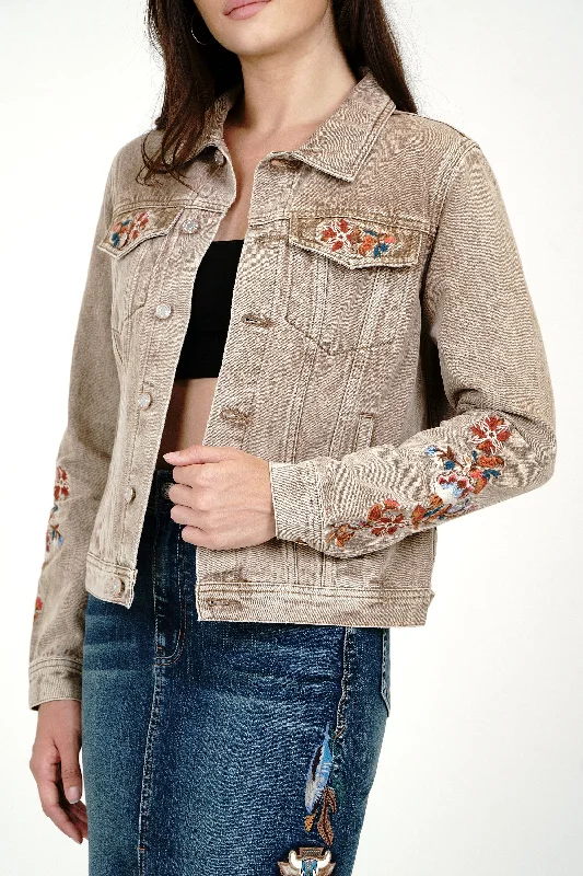 Workwear styleFloral Embroidery Camel Color Denim Jacket