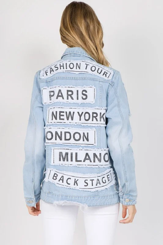 Denim windbreakerLetter Patched Distressed Denim Jacket