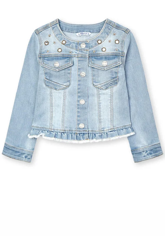 Modern denimMayoral Girls Embellished Trim Denim Jacket, Pale Blue