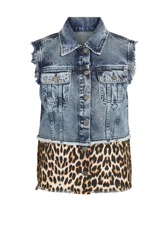 Denim with T-shirtNoisy May Leopard Patch Denim Sleeveless Jacket, Light Blue