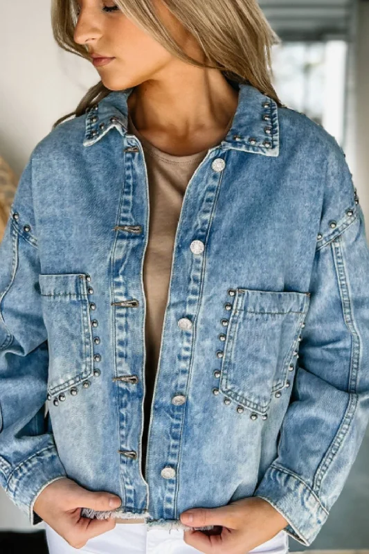 Denim embroideryStudded Acid Wash Long Sleeve Denim Jacket