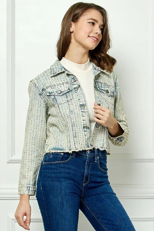 Punk denimVeveret Multi Color Stripe Rhinestone Raw Hem Denim Jacket