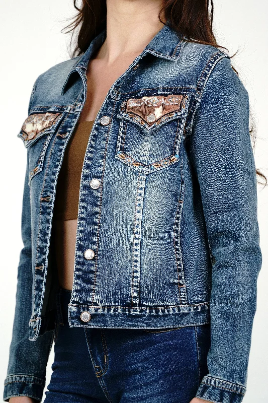 Western styleHorse Shoe/ Cowhide Trim Med Blue Denim Jacket