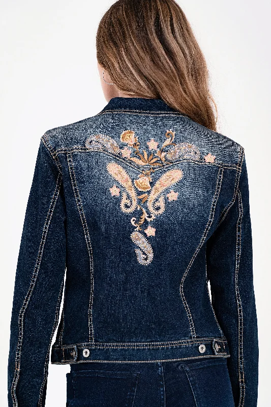 Cowboy moviesFloral Embroidery Dark Blue Denim Jacket