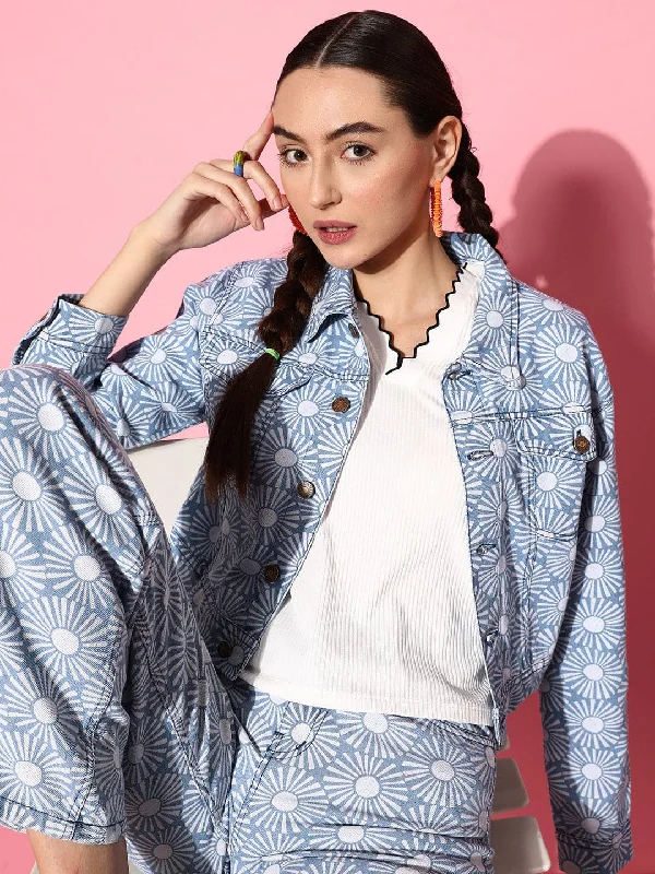 DenimWomen Blue Floral Print Denim Jacket