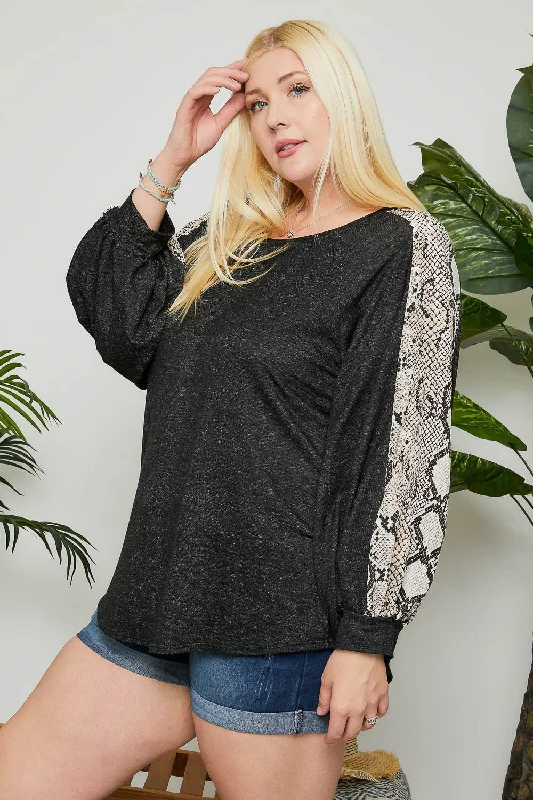 Adora Dark Grey Snakeskin Long Sleeve Plus Top