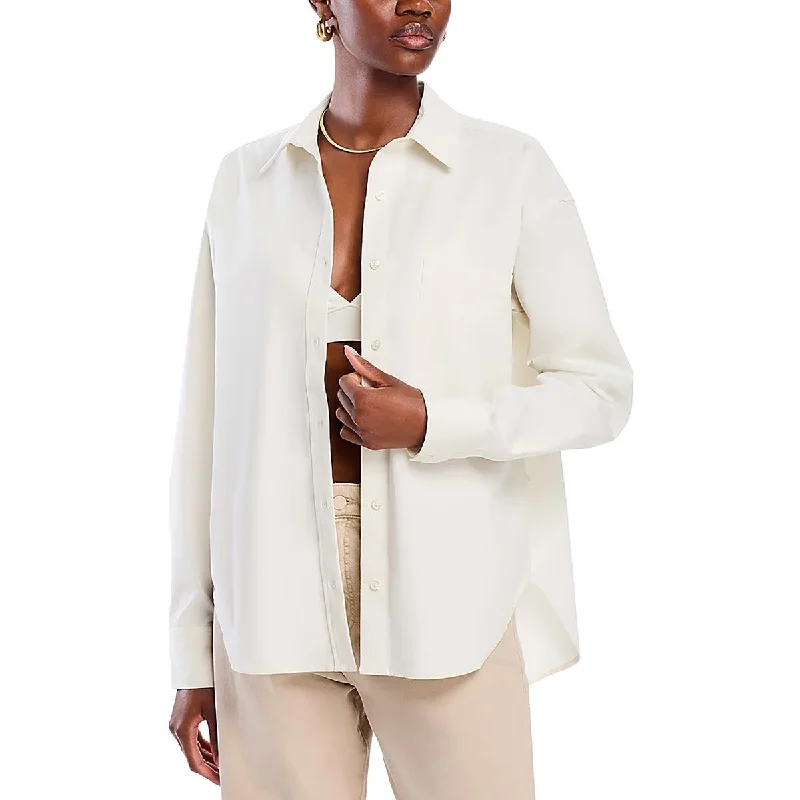 Womens Solid Long Sleeve Button-Down Top