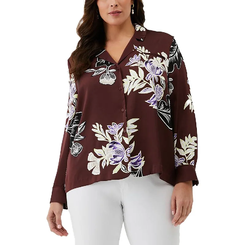 Plus Womens Long Sleeve Floral Button-Down Top