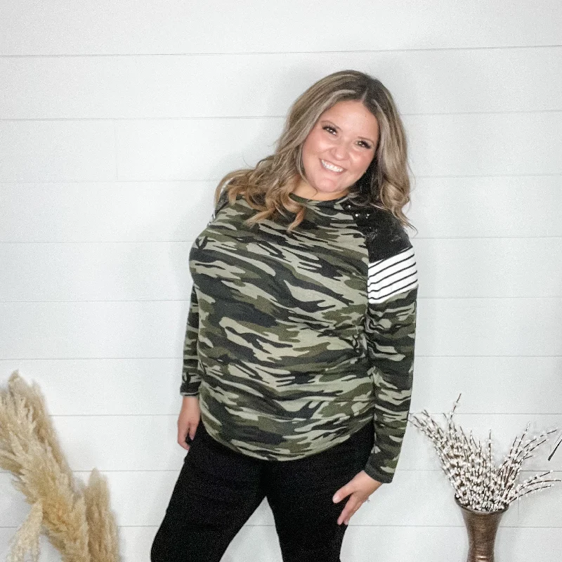 "Dare Me" Long Sleeve Camo and Sequin Accent