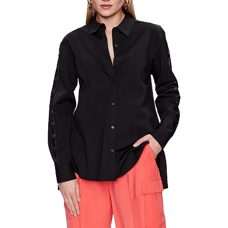 DKNY Womens Pleated Long Sleeve Button-Down Top