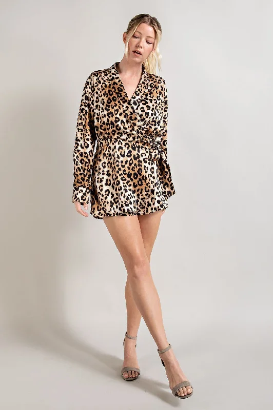 ee:some Long Sleeve Wrap Romper In Leopard Print Satin