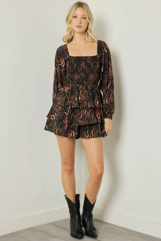 Entro Black Flame Print Square Neck Long Sleeve Tiered Romper