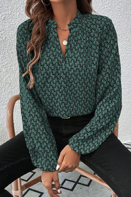 Green Geometric Print Notched Neck Long Sleeve Blouse