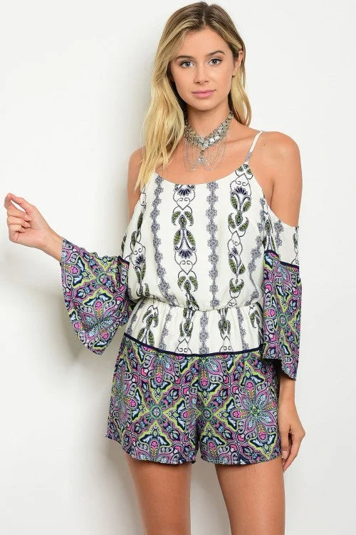 Ivory Multicolor Print Off Shoulder Long Sleeves Romper