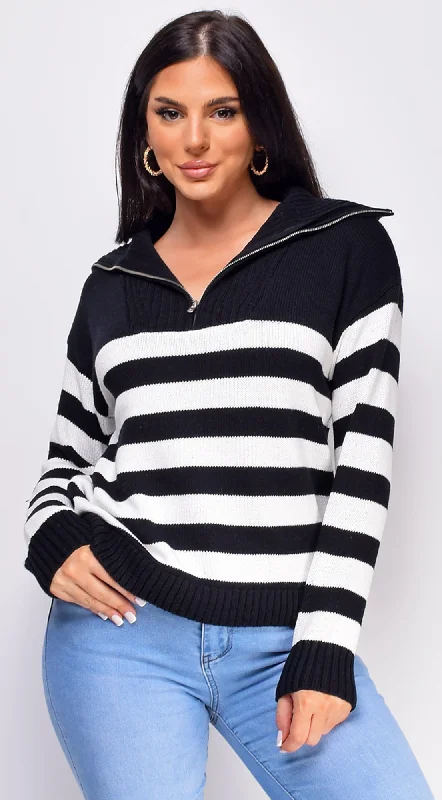 Kamila Black Striped Half Zip Long Sleeve Sweater Top